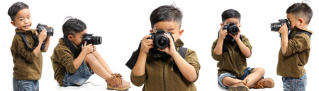 Boy with photocamera isolated on white background