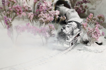 Trains steam head is covered with heavy snow.の写真素材