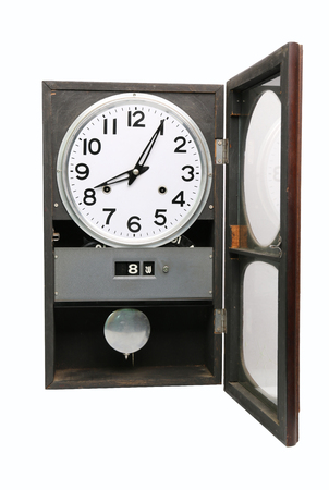 Old wooden grandfather clock hanging on a white background.