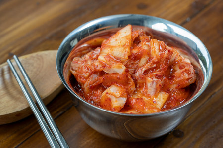 Korean pickle and seasoning Spicy Kimchi Korean traditional food, Kimchi salad made with vegetable cabbage and pepper.の写真素材