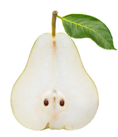 Fresh pears isolated on white background, Red pear with cut pieceの写真素材