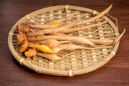Finger root or Krachai, Kaempferia on wooden basket on wood background, Finger root herbal medicine.の写真素材