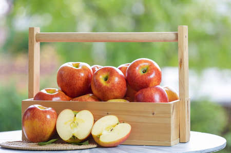 Fresh Red apple in basket over blurred greenery background, US. Red Envy apple in wooden basket on wooden table in garden.の写真素材