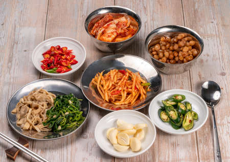 Kimchi salad made with vegetable cabbage and pepper, Korean pickle and seasoning Spicy Kimchi Korean traditional foodの写真素材