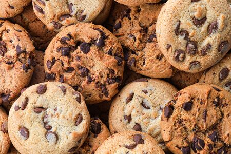 Cookies with chocolate closeup. Homemade cookies. A mountain of cookies.の写真素材