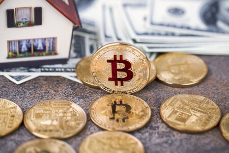 The cryptocurrency Bitcoin coin. Gold coins and packs of hundred dollar bills. A miniature copy of the house.の写真素材