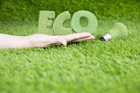 A man holds in his hand the word eco from volumetric green letters. Small eco house and lamp. A...