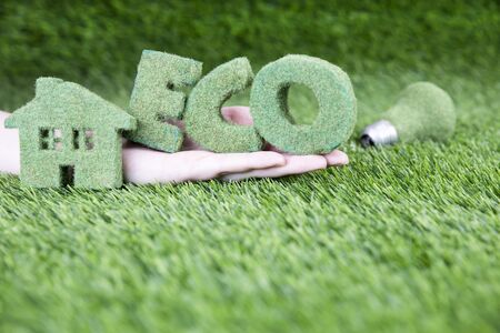 A man holds in his hand the word eco from volumetric green letters. Small eco house and lamp. A miniature copy of the house on a background of grass.の写真素材