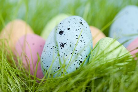Colorful multi-colored Easter eggs lie on the green grass. Painted eggs on the lawn.の写真素材