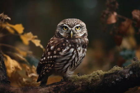 The little owl sits on a tree in the forest. AIの素材