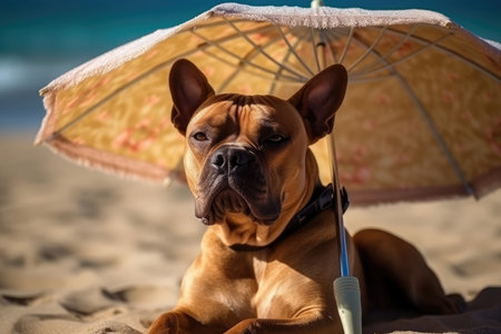 Dog with glasses on the beach under an umbrella.の素材