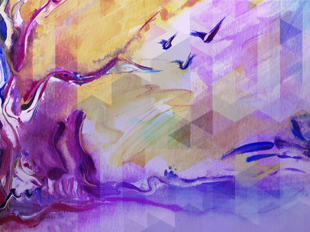 Acrylic Abstract  Painting Garden Tree and Birdsの写真素材