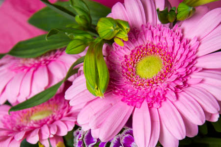 bouquet of flowers. Bouquet of pink gerberas and yellow liliesの写真素材