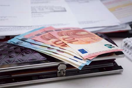 Money bills, euros close-up on the table