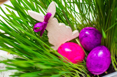 Easter eggs in sprouted wheat.With a wooden figure of a rabbitの写真素材