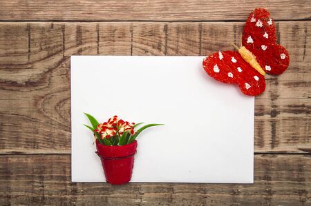 butterfly and flowers in a pot on white paper, copyspace on a wooden background. concept of summer, greeting card, banner, flyer.の写真素材