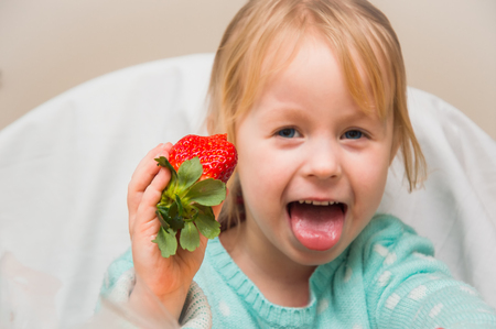 small girl is eating a huge ripe strawberry, having fun and rejoicingの写真素材