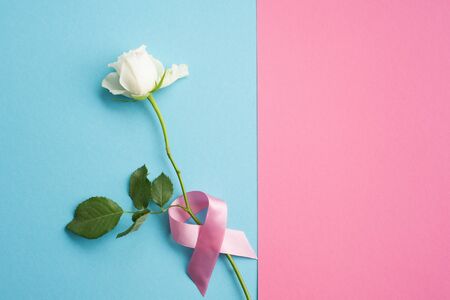Pink ribbons with white rose on a blue background, Symbolic logo icon concept raising awareness campaign on female people living with breast cancerの写真素材