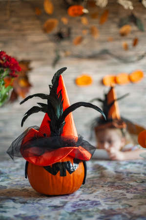 Children dressed in costumes celebrate Halloweenの写真素材
