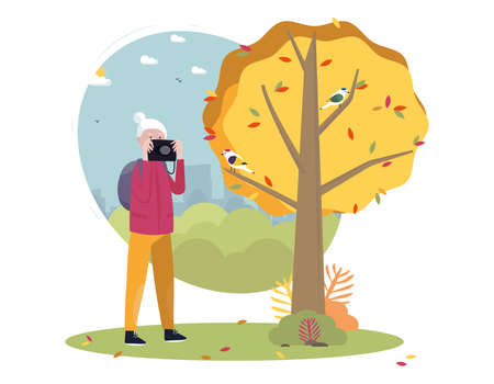 Senior active lifestyle outdoor concept. Senior woman taking pictures of nature with cityscape on the background. Vector flat illustration.のイラスト素材