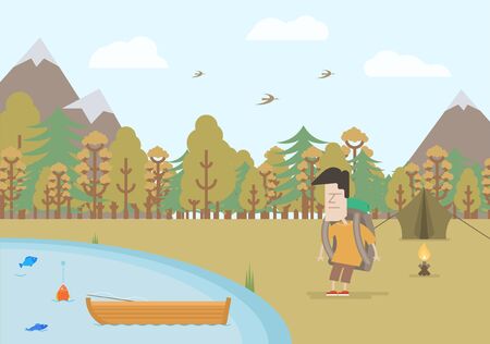 Tourist fishing on the background of the autumn landscapeのイラスト素材