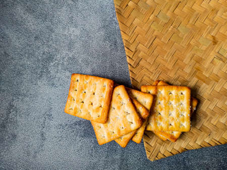 Sweet Crunchy Crackers isolated on abstract background. Flay Lay. Copy Space.の写真素材