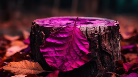Oned purple fallen autumn dry red leaves on a tree stump. Viva magenta color. Generative Aiの素材