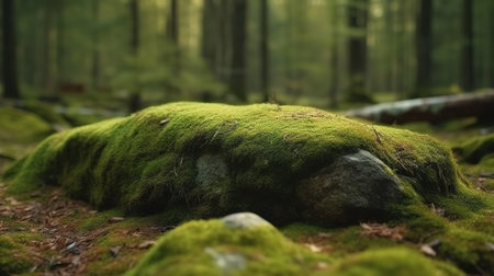 A stone covered with green moss in the forest. Wildlife landscape. Generative Aiの素材