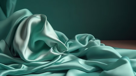 Beautiful light green blue silk satin surface. Soft folds on shiny fabric. Generative Aiの素材