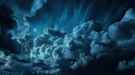 Black dark blue night sky with stars, White cumulus clouds. Generative Aiの素材