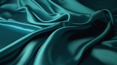 Blue green silk satin. Soft wavy folds. Shiny silky fabric. Generative Aiの素材