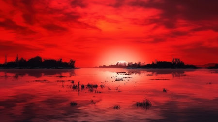 The surface and the island of red water scenery. Generative Aiの素材