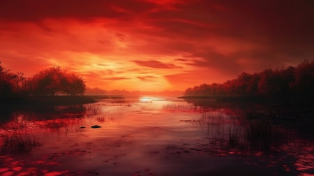 The surface and the island of red water scenery. Generative Aiの素材