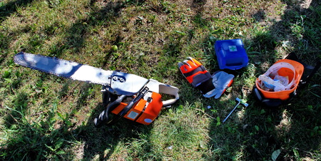 fixtures for the competition loggers lie in the shade of a tree on the groundの写真素材