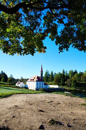 scenic views of the Priory Palace in Gatchina autumn morningのeditorial素材