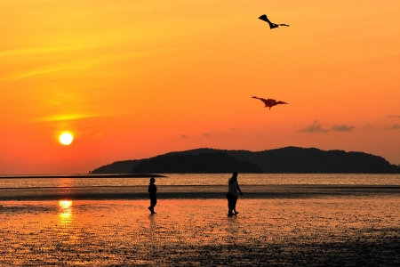 Kids Playing kites at the beachの写真素材