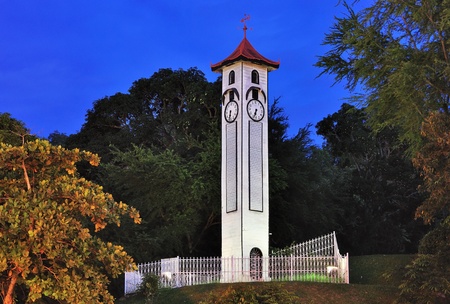 wooden clock towere in kota kinabalu sabahの写真素材