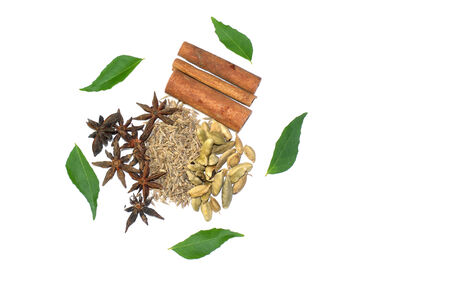 mix of spice Cinnamon, Star Anise, dried chili, cardamon, curry leavesの写真素材