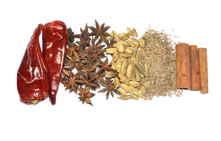 Variety of spice Cinnamon, Star Anise, dried chili, cardamonの写真素材