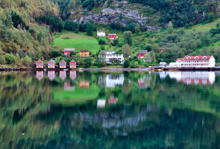 Norway village and scenic lake viewのeditorial素材