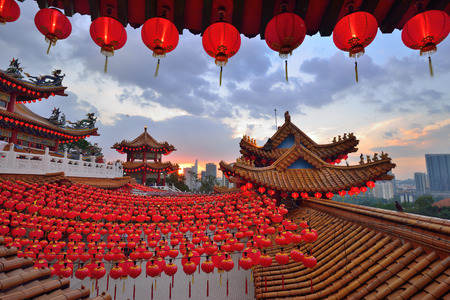 Lanterns Decoration for Chinese New Year at Thean Hou Temple during sunsetの写真素材