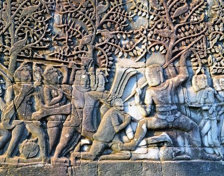 Bas relief in bayon Temple, Angkor Wat, Cambodia.のeditorial素材
