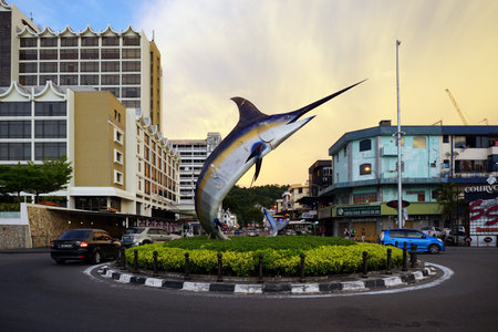 Kota Kinabalu, Malaysia - August 01, 2017: The famous Marlin fish statue at the roundabout in Sabah capital. The statue was inaugurated on 2nd February 2000 when Kota Kinabalu achieved city status.のeditorial素材