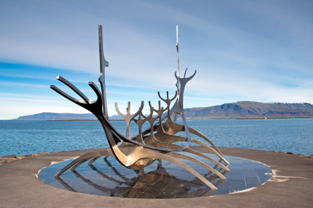 Reykjavik, Iceland - September 22, 2013: Sun Voyager monument, landmark of Reykjavik city, designed by Jon Gunnar Arnason.のeditorial素材