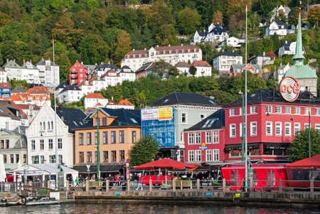 Bergen, Norway - September 26, 2013: View of shop colorful building by the waterfront in Bergen.のeditorial素材