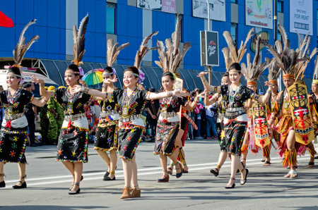 Kota Kinabalu, Malaysia - August 31, 2016: Indigenous Malaysian from Sabah Borneo in their traditional costumes participate in 59th Independence day in Kota Kinabalu City square.のeditorial素材