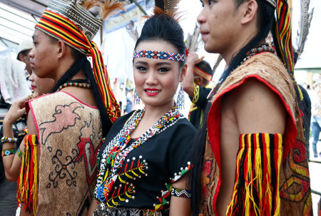 Kota Kinabalu , Malaysia - May 30, 2014: Kadazan Murut Magunatip dancers during Harvest Festival in Kota Kinabalu in Sabah.のeditorial素材