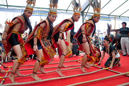 Kota Kinabalu , Malaysia - May 30, 2014: Kadazan Murut Magunatip dancers performance during Harvest Festival in Kota Kinabalu in Sabah.のeditorial素材