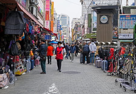 Seoul, South Korea - April 04, 2017: People at Namdaemun market street. Namdaemun market is a large traditional market in Seoul, South Korea.のeditorial素材