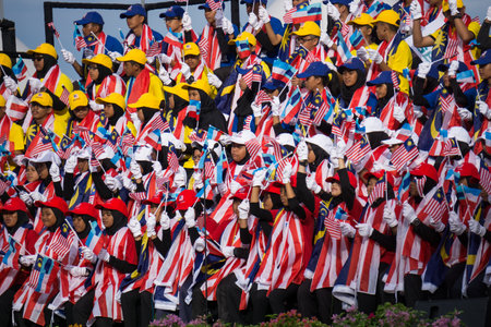 Kota Kinabalu, Malaysia - August 31, 2017: Crowd at the grand stand during 60th Independence Day celebration in Kota Kinabalu city, Sabah State.のeditorial素材